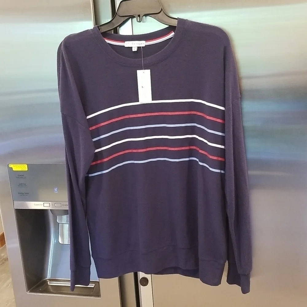 💕PJ SALVAGE💕 Long Sleeve Pajama Top Navy Blue Striped Loungewear Medium M NWT